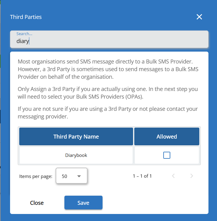 ComReg’s Assign 3rd Party screen with Diarybook selected as the third party provider