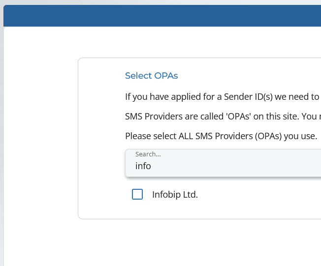 ComReg’s Select OPAs screen with Infobip selected